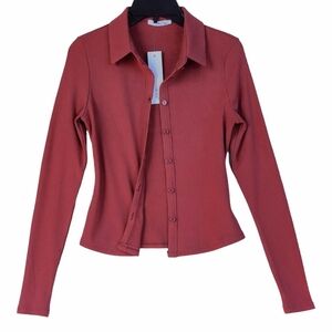Women's Shirt Small Brick Long Sleeve Button-Up Cropped Shirt Stretch New